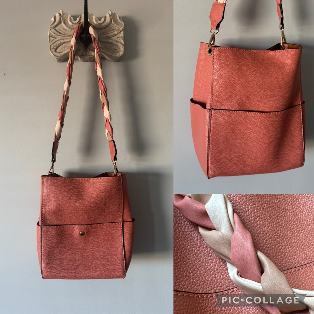 Salmon Faux Leather Bucket Bag Pebbled Soft Travel Purse NWOT - Picture 11 of 11